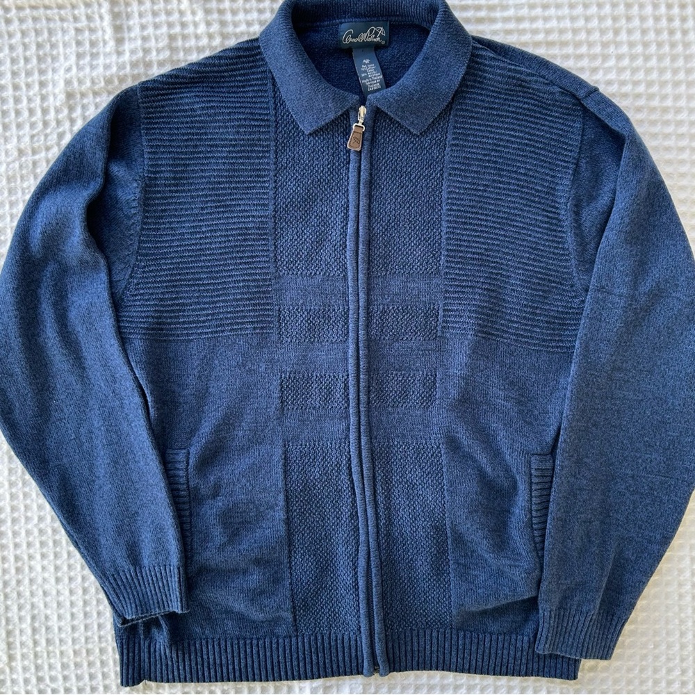 Vintage Grandpa Cardgan Sweater M Eclectic Grandpa Dad 90s Blue Textured Zip-up